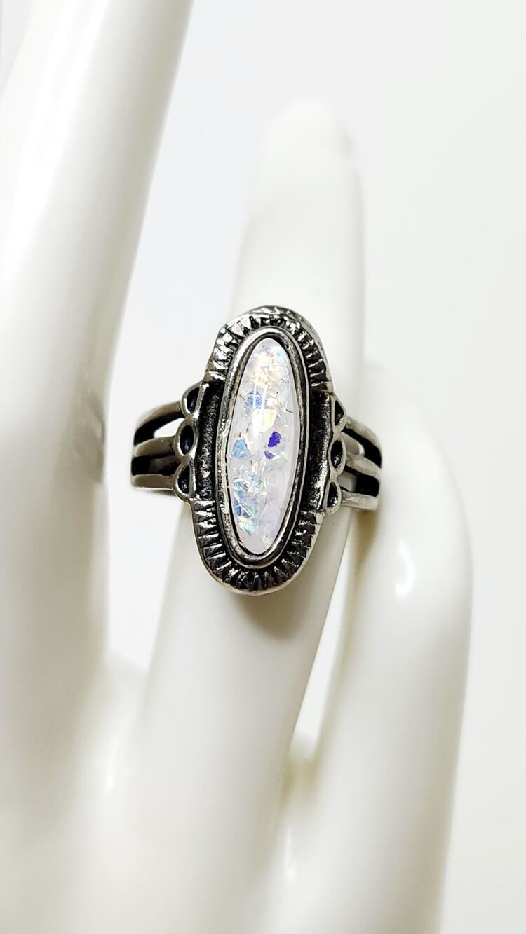 Vtg Long White Lab Opal Silver Tone Cocktail Ring Size 7